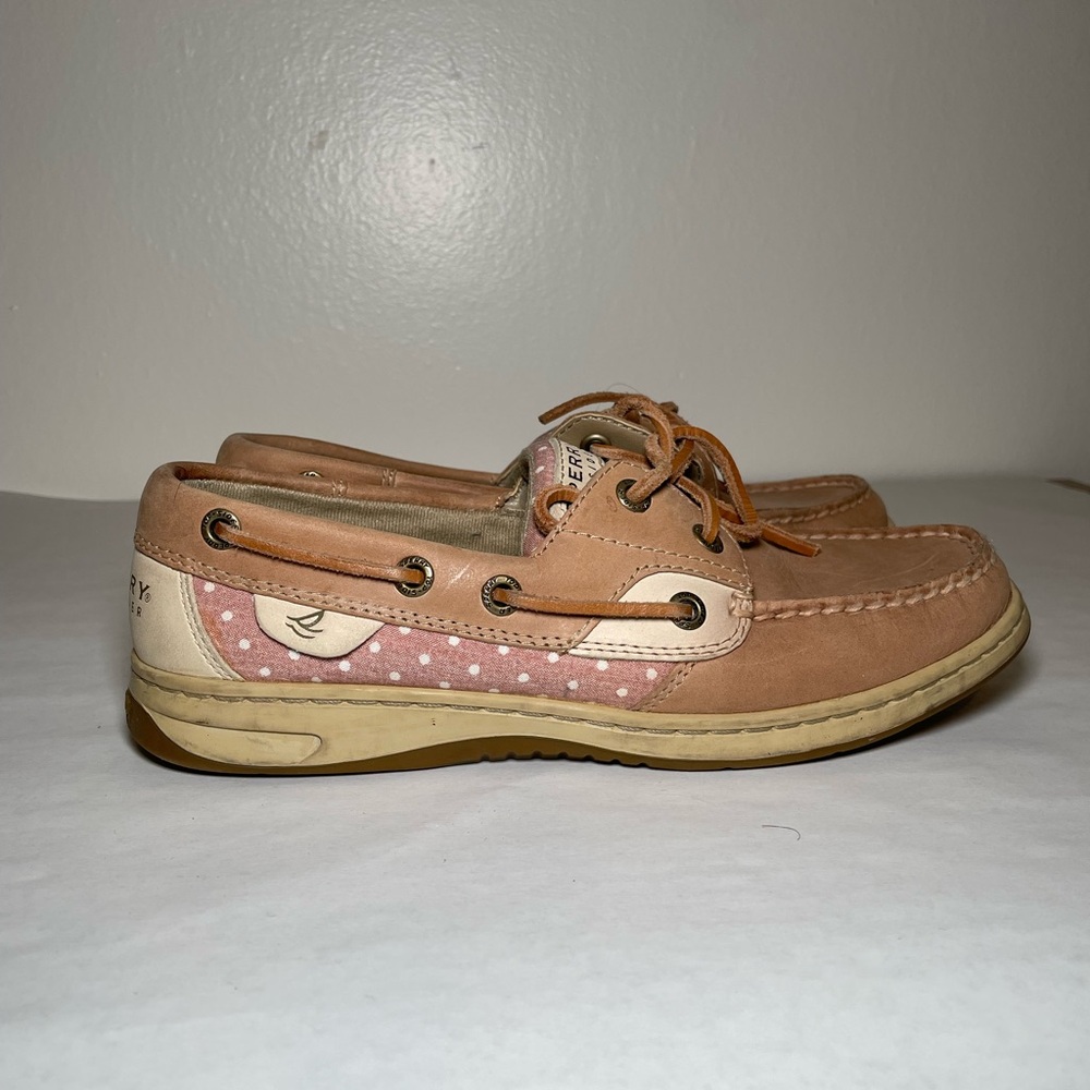 Sperry Tan and Pink Polka Dot Boat Shoes